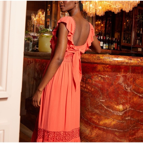 Fat Face Coral Pink Hibiscus Lace Maxi Dress size 4 copper & black - Picture 2 of 11